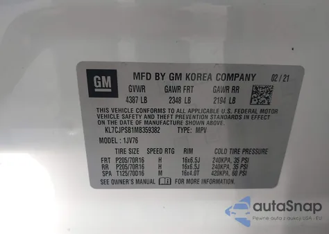 2021 Chevrolet Trax Awd Lt z USA, uszkodzony, nr VIN KL7CJPSB1MB359382